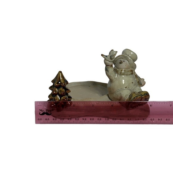 Holiday Candle Holder Set with Snowman Figurine Glazed Ceramic Christmas 2 Piece - Picture 8 of 13